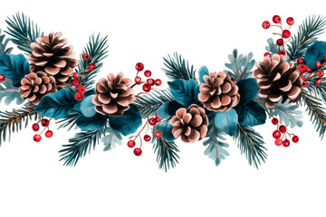 Watercolor pine cones, berries and spruce branches composition, cut out transparent