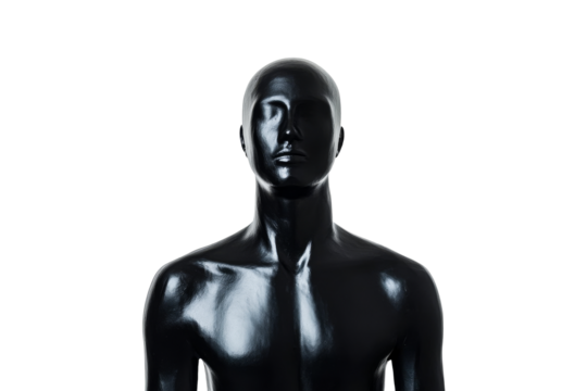 Glossy black faceless mannequin torso casting shadows, cut out transparent