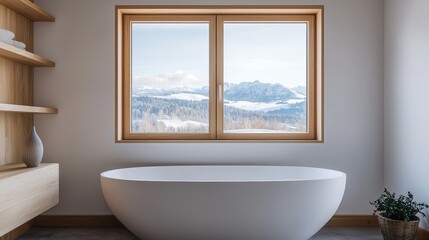A modern bathroom featuring a freestanding bathtub and a large window showcasing a scenic mountain view.