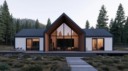 A modern house with a triangular roof, large windows, and surrounded by greenery in a serene outdoor setting.
