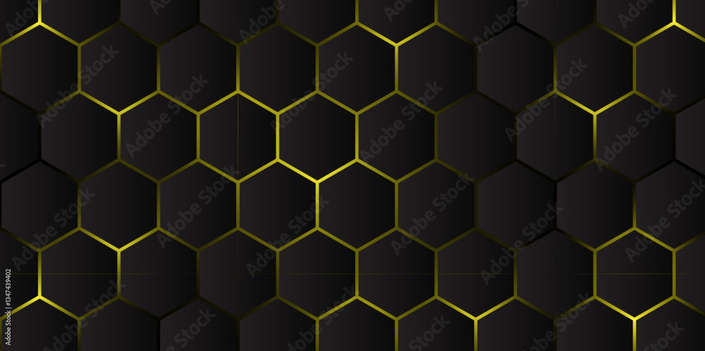 Poster elegant abstract hexagonal texture with golden glow. modern black and gold honeycomb pattern for des