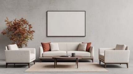 A modern living room featuring a light-colored sofa set, a wooden coffee table, and decorative elements against a neutral backdrop.
