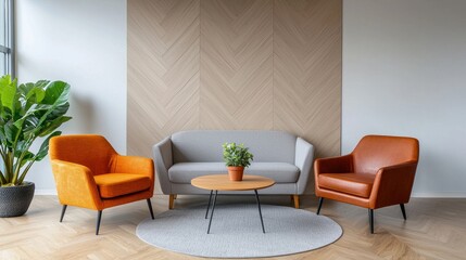 A modern living room setup featuring a gray sofa and two colorful armchairs, complemented by a small round table and a potted plant.