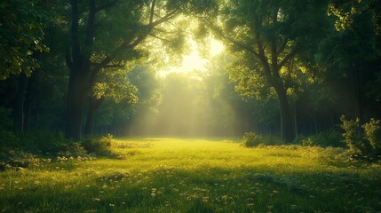 Obraz premium Magical Sunlit Forest Path Serene Green Meadow Sunlight Rays Peaceful Tranquil Nature Scene Picturesque Landscape Photography 