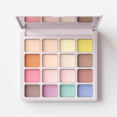 an open palette of square-shaped colored eye shadows with a mirror is isolated on a white background top view