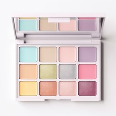 an open palette of colored eye shadow with a mirror is isolated on a white background top view