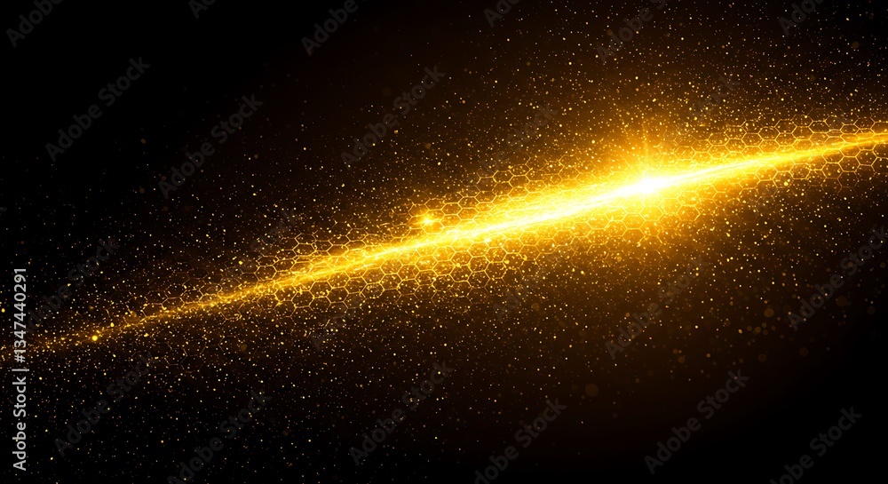Poster golden light streak hexagon grid glittering particles abstract tech background