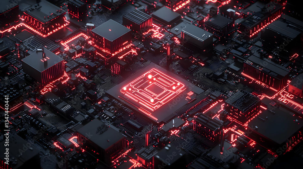 Poster detailed circuit board with glowing red processor
