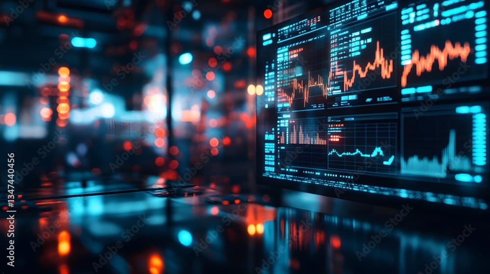 Poster a modern technology data screen displaying graphs and charts with a blurred background