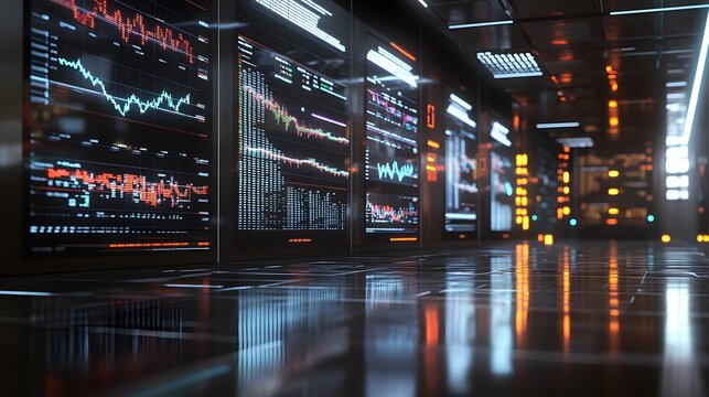 An interior view of a futuristic data center displays real-time financial data