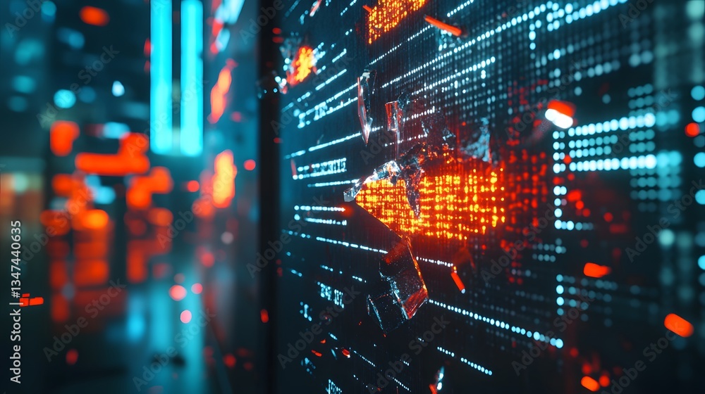Aufkleber a digital screen with broken pixels and code represents cyber security breach