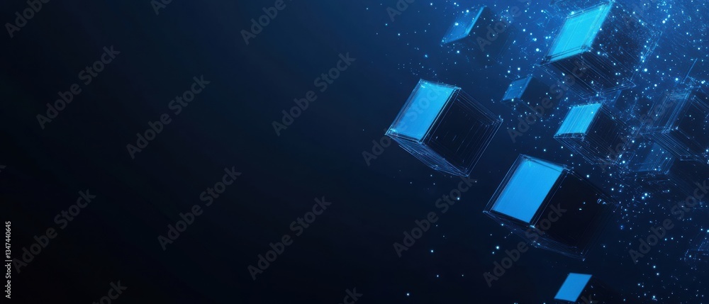 Poster abstract glowing blue cubes floating in dark space, representing blockchain technology, data visuali