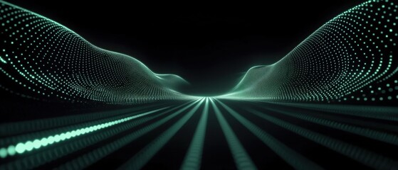 Abstract teal landscape with glowing dots and lines on black background Concept of futuristic technology, data visualization, and digital network
