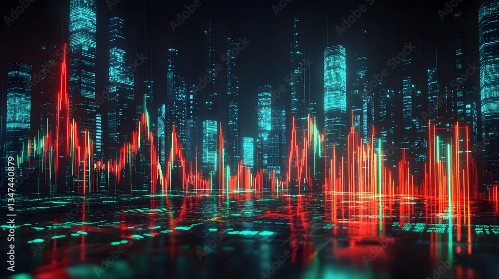 Poster a futuristic city skyline with data analysis overlay, creating an image of technological progress an