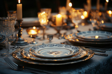 A vintage table setting with ornate china plates, silver cutlery, and crystal glassware, enhanced by soft golden candlelight and lace napkins, creating an elegant, timeless atmosphere