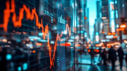 Financial data charts displayed in a modern city environment, representing economic activity and business concepts