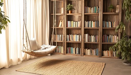A stunning view of here stands cozy boho-style reading nook with a hanging swing chair, jute rug, neutral-tone curtains, and vintage wooden bookshelves filled with summer reads.