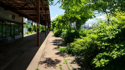 Long Walkway Under Metal Structure Beside Lush Green Trees Under Bright Daylight With Open Sky