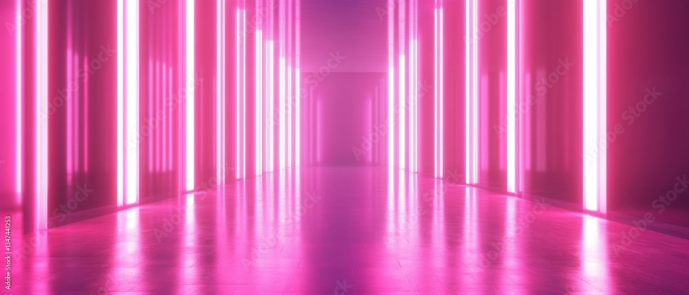 Poster abstract pink neon light corridor with glowing vertical tubes and reflections, creating a futuristic