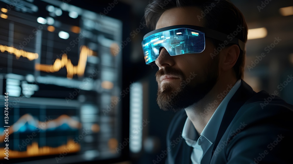 Poster a businessman wearing augmented reality glasses while analyzing financial data on a large screen