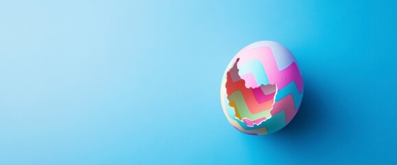 Easter concept: a cracked open Easter egg with a pastel-colored zigzag pattern on a blue background