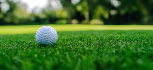 Obraz premium White golf ball on green grass course with blurred background. Golf game and recreation concept. Image for sport club advertisement, tournament invitation and banner with copy space. 