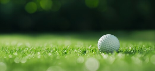 White golf ball on green grass course with blurred background. Golf game and recreation concept. Image for sport club advertisement, tournament invitation and  banner with copy space. 