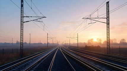 Fototapeta premium Dramatic Railroad Tracks Extending Towards Sunset Horizon in Rural Landscape with Electric Poles and Cables