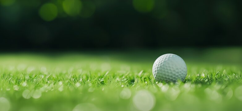 White golf ball on green grass course with blurred background. Golf game and recreation concept. Image for sport club advertisement, tournament invitation and  banner with copy space.  - Powered by Adobe