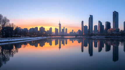 Fototapeta premium Cityscape Reflection At Sunset With Golden Sky And Modern Buildings Over Calm Water In Winter