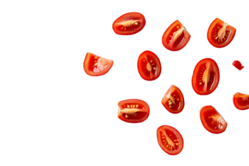 Fresh, juicy tomato wedges scattered, vibrant red color, healthy diet, cut out transparent