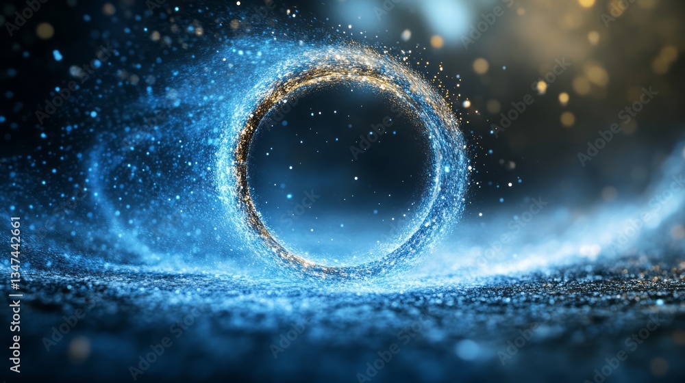Canvas Prints an abstract black hole with a blue and gold color gradient background, featuring dust particles flyi