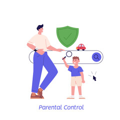 Child with parents searching information in internet. Parental control, Content for kids, Digital limit for children. Concept of web protection, children internet safety security for web UI banners