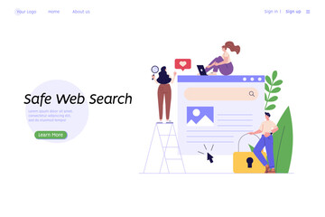 People searching information in internet. Woman looking in spyglass or telescope with search bar. Web search in internet, online surfing, SEO. Trendy vector illustration in flat design for web banners