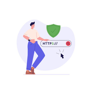 Using browser with https protocol illustration. People searching website address with security. Concept of web protection, ssl certificate for web Design, UI, banners