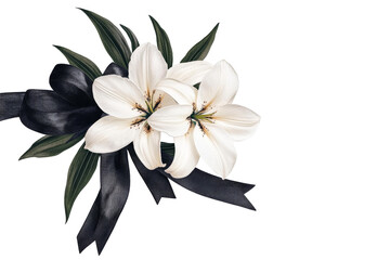 White lilies and black ribbon bouquet, funeral symbol, cut out transparent