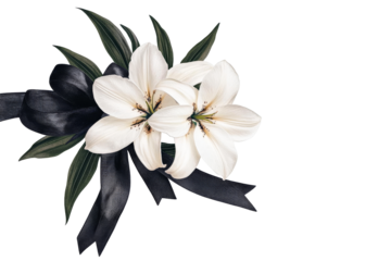 White lilies and black ribbon bouquet, funeral symbol, cut out transparent