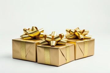 Obraz premium Three golden gift boxes with glittering bows arranged on a white background.