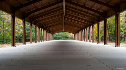 Long Wooden Shelter Perspective With Concrete Floor And Brown Wooden Columns With Forest Background