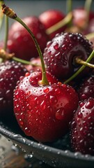 Fresh Red Cherries with Water Droplets, Close-Up of Juicy Fruit Perfect for Summer Recipes and Healthy Eating.