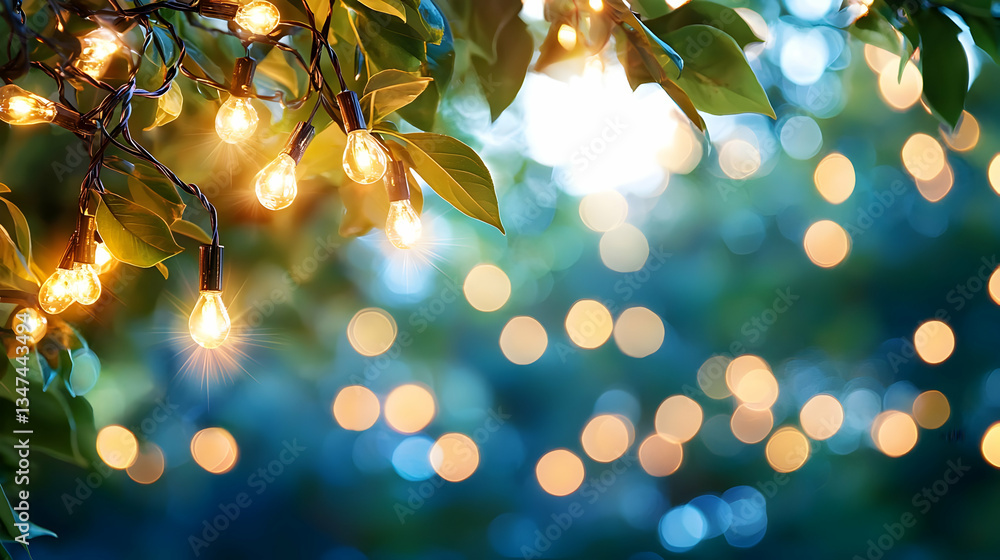 Poster warm string lights on trees with blurred background