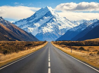 Naklejka premium Driving Towards Majestic Snow Capped Mountain Range on Open Road