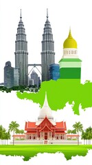 Fototapeta premium City landmarks two towers & temples on green fields. Landmarks background for travel, tourism