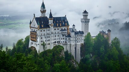 Majestic castle perched atop a misty mountain. Lush forest surrounds the ancient structure
