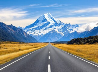 Fototapeta premium Driving Towards Majestic Snow Capped Mountain on Scenic Open Road
