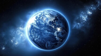 Fototapeta premium Explore the mysteries of a distant world that resembles Earth and emits a serene blue glow.
