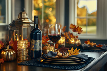 Autumn Dinner Table Setting With Wine And Candles