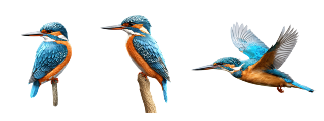  Kingfisher Bird Perched and in Flight Trio Isolated on White Background