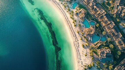 An aerial view of a beautiful beach resort and ocean scenery