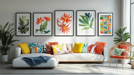An exceptional transformation of a marvelous sight of a contemporary wall gallery with framed botanical prints, abstract summer landscapes, and hand-painted ceramic